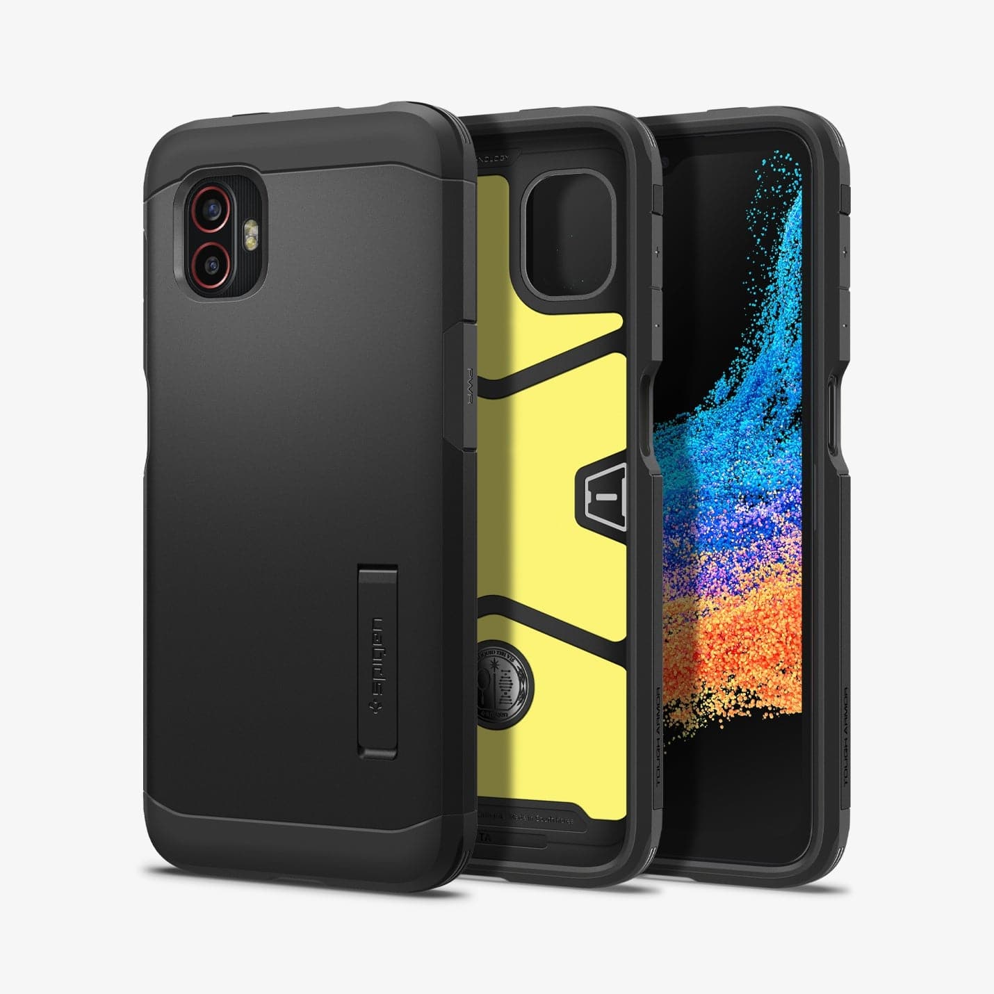 ACS04601 - Galaxy XCover 6 Pro Tough Armor Case in black showing the back, inside and front