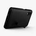 ACS01071 - Galaxy XCover Pro Tough Armor Case in black showing the back and bottom with device propped up by built in kickstand