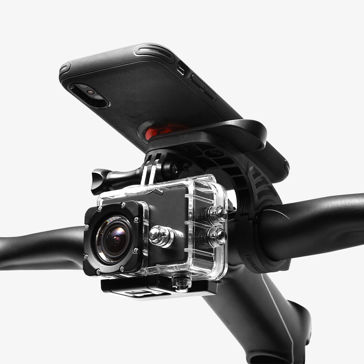 000MP25072 - Gearlock AG100 Action Cam Mount Adapter in black showing an action camera mounted onto bike