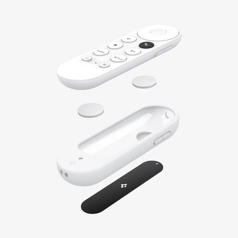 AMP02715 - Chromecast with Google TV Silicone Fit Voice Remote in white showing the multiple parts of case hovering below remote