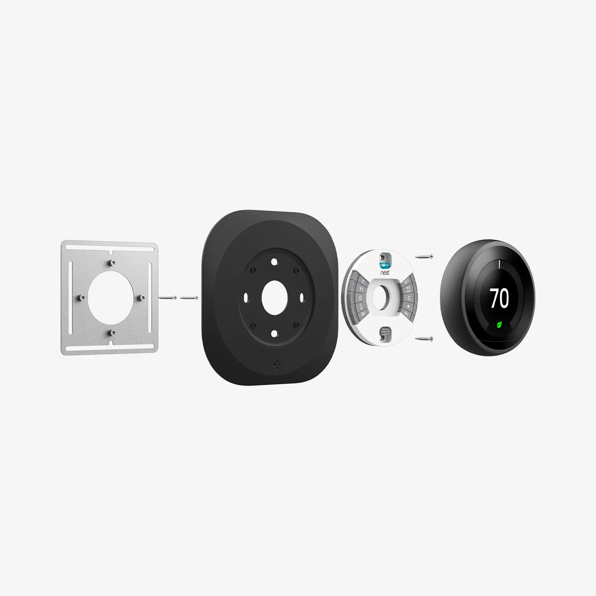 AHP03711 - Google Nest Learning Thermostat 3G Wall Plate in black showing the multiple parts of wall plate hovering behind the google nest