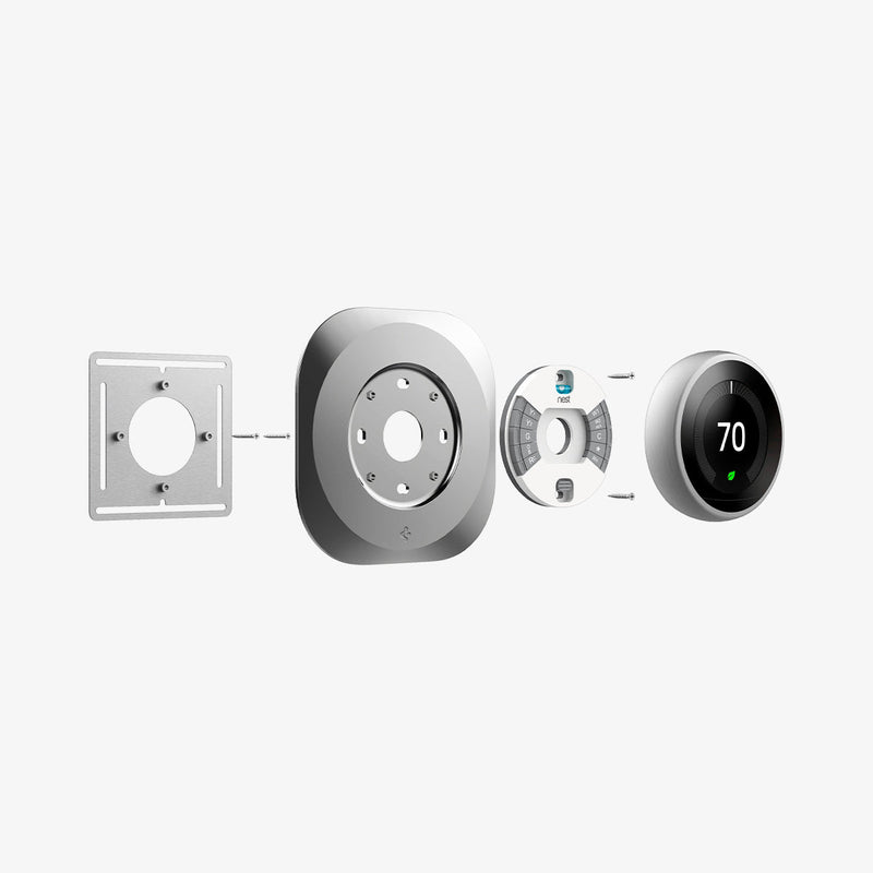 AHP03712 - Google Nest Learning Thermostat 3G Wall Plate in stainless steel showing the multiple parts of wall plate hovering behind the google nest