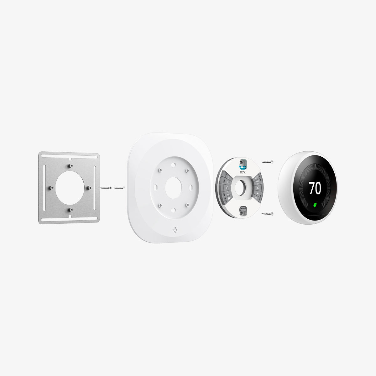 AHP03710 - Google Nest Learning Thermostat 3G Wall Plate in white showing the multiple parts of wall plate hovering behind the google nest