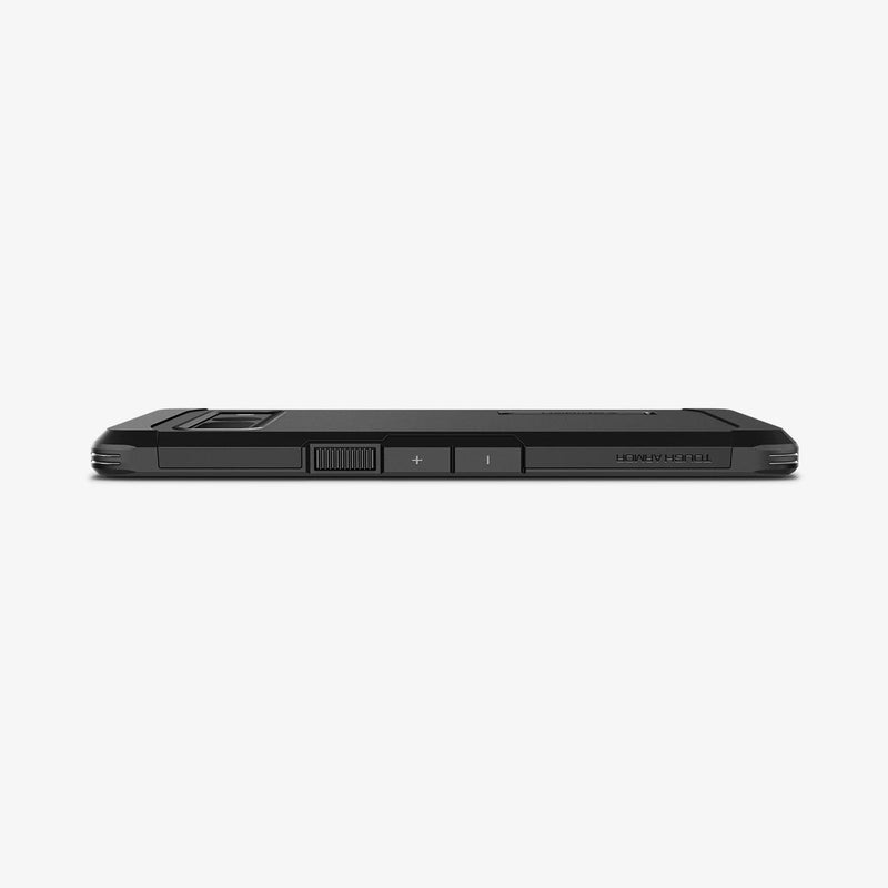 ACS04728 - Pixel 7 Pro Case Tough Armor in black showing the side and partial back with device laying flat