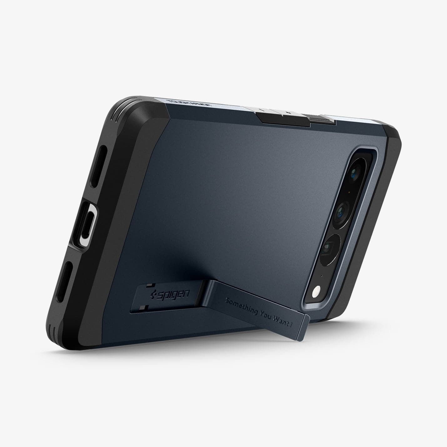 ACS04729 - Pixel 7 Pro Case Tough Armor in metal slate showing the back and bottom with device propped up horizontally by built in kickstand