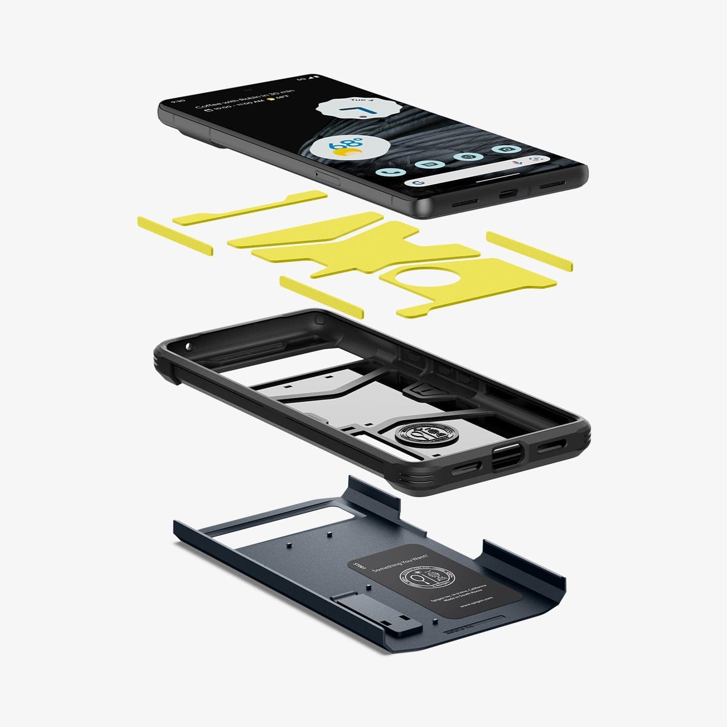 ACS04729 - Pixel 7 Pro Case Tough Armor in metal slate showing the hard pc, flexible tpu, impact foam and device