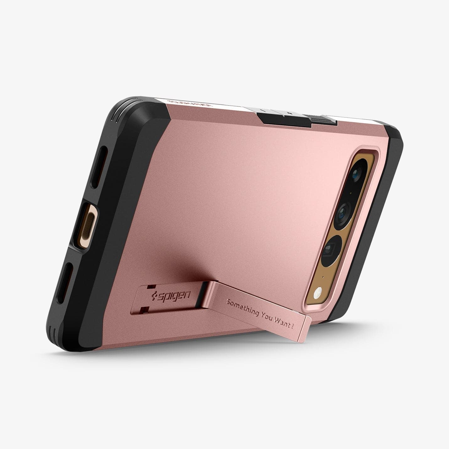 ACS04730 - Pixel 7 Pro Case Tough Armor in rose gold showing the back and bottom with device propped up horizontally by built in kickstand