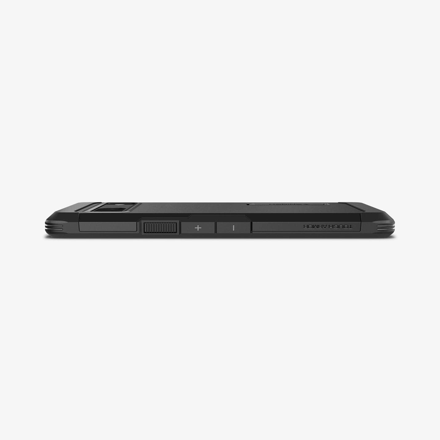 ACS04701 - Pixel 7 Case Tough Armor in black showing the side and partial back with device laying flat