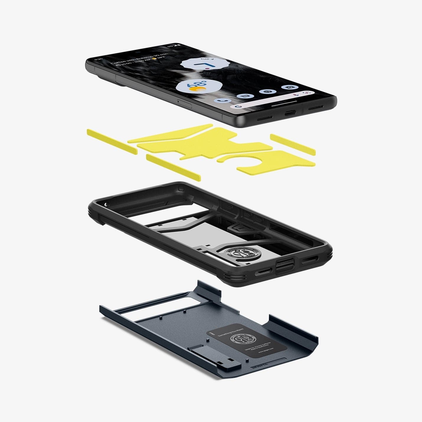 ACS04702 - Pixel 7 Case Tough Armor in metal slate showing the hard pc, flexible tpu, impact foam and device