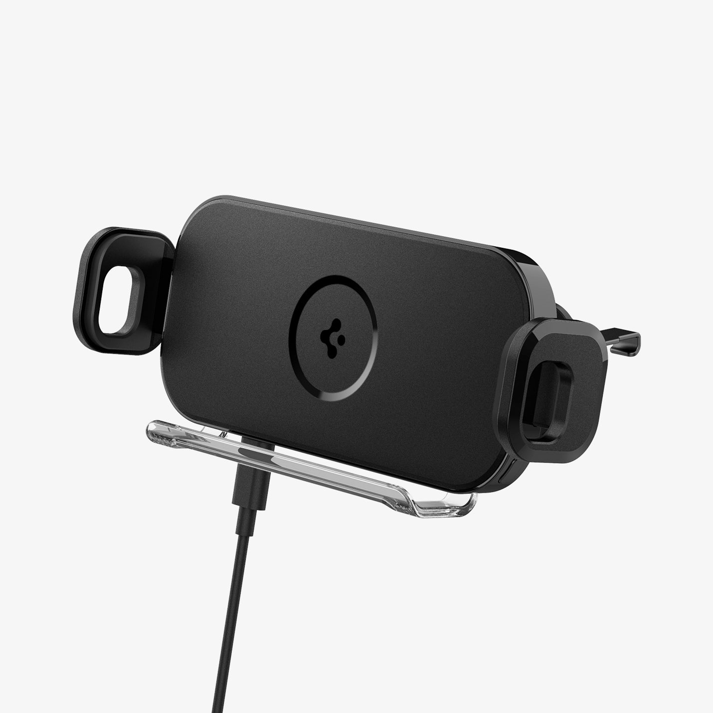 ACP04279 - GTS12W OneTap Wireless Galaxy Fold Car Mount Airvent in black showing the front with cable plugged in and mount open