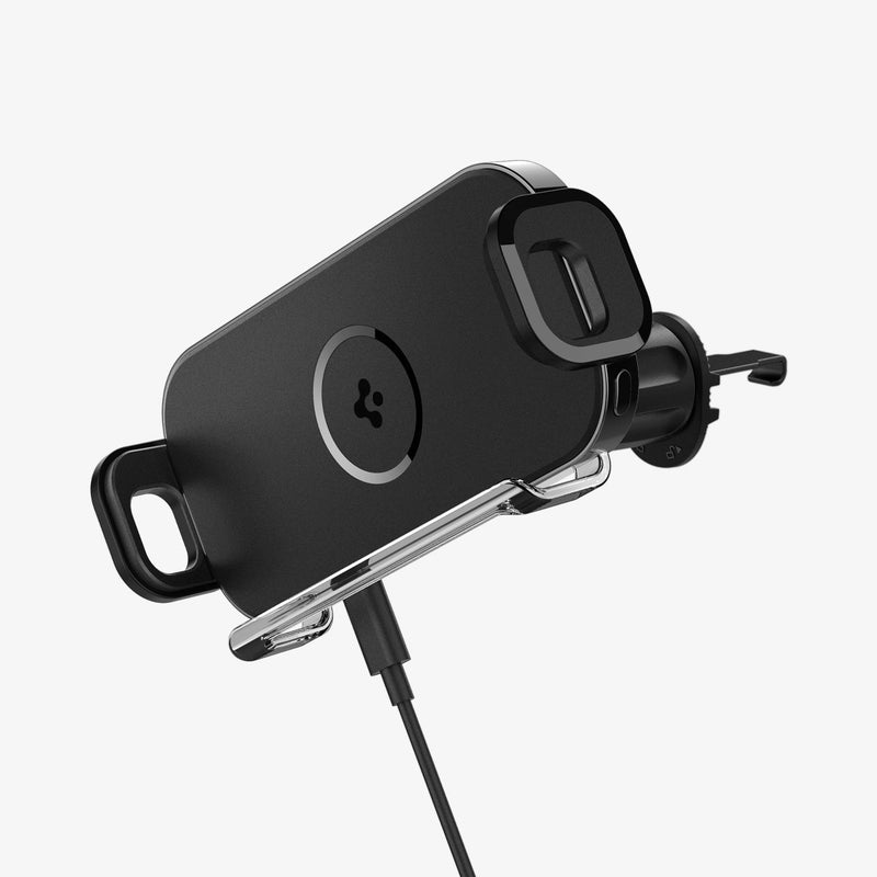 ACP04279 - GTS12W OneTap Wireless Galaxy Fold Car Mount Airvent in black showing the side, front, partial back and charging cable inserted