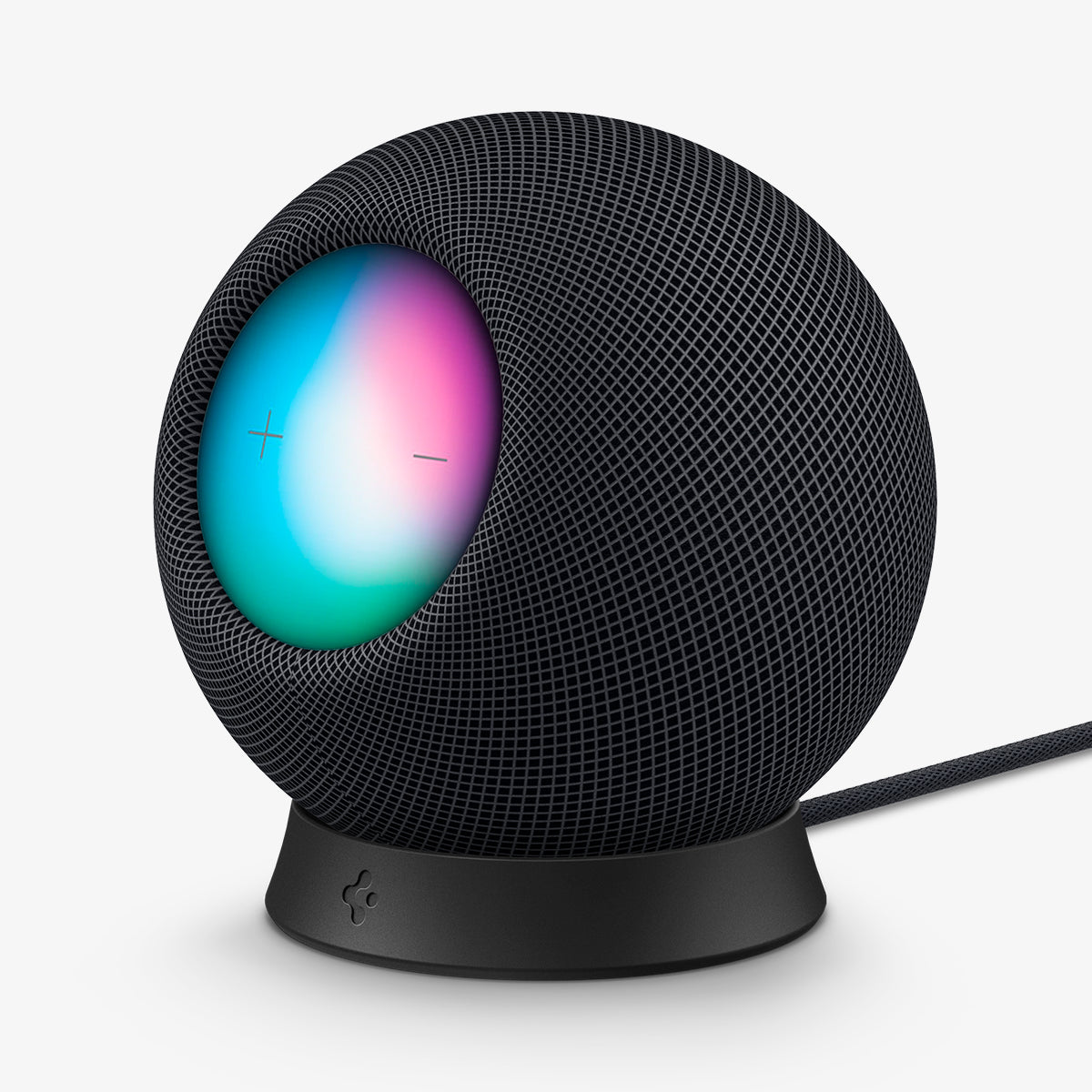 AMP02781 - Apple HomePod Mini Stand Silicone Fit in black showing the front and side with homepod on top