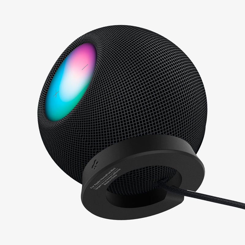 AMP02781 - Apple HomePod Mini Stand Silicone Fit in black showing the front and bottom with homepod on top