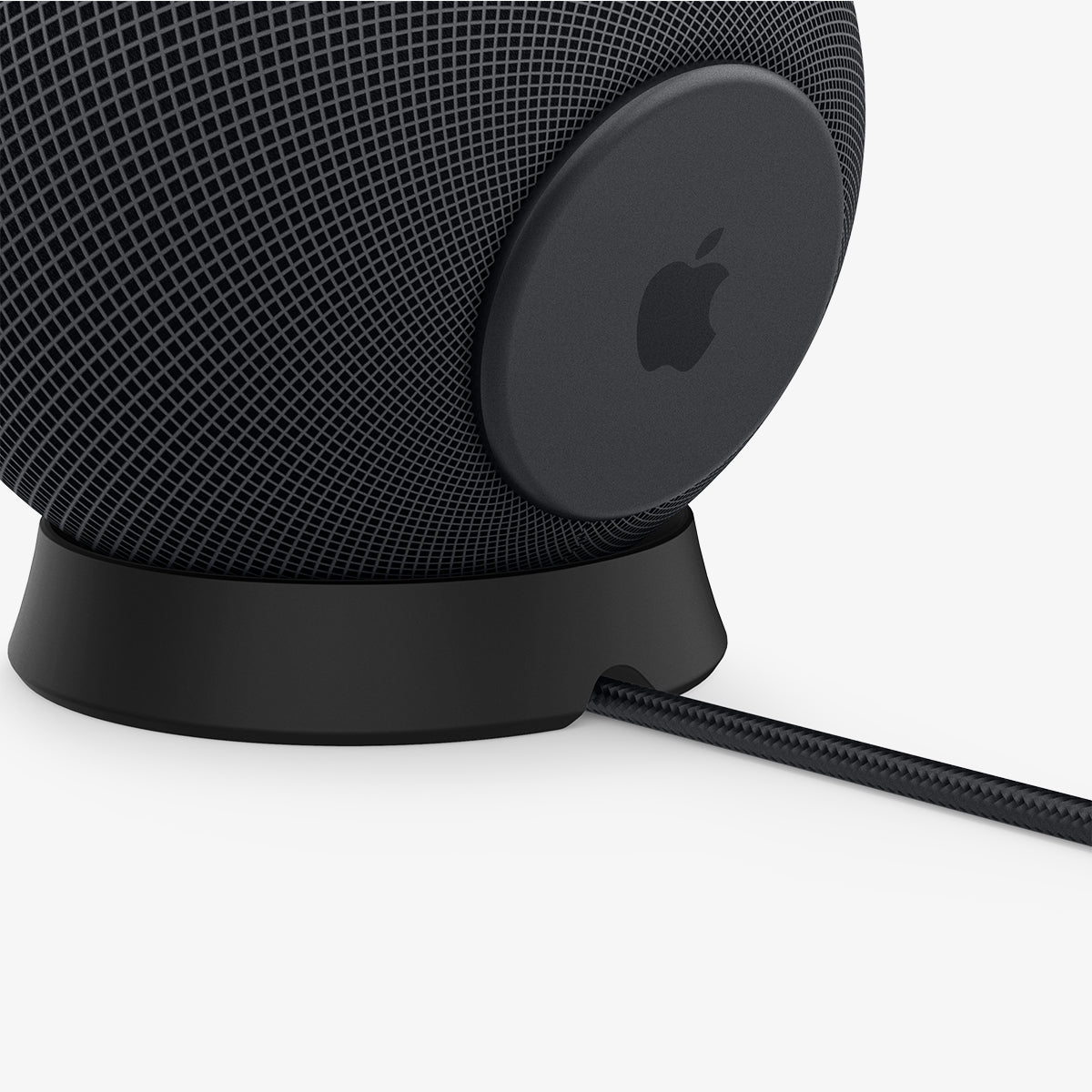 AMP02781 - Apple HomePod Mini Stand Silicone Fit in black showing the back and side with homepod on top