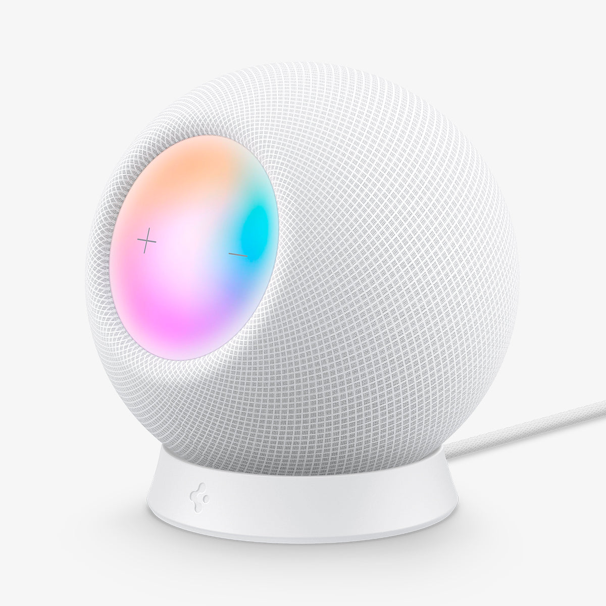 AMP02816 - Apple HomePod Mini Stand Silicone Fit in white showing the front and side with homepod on top
