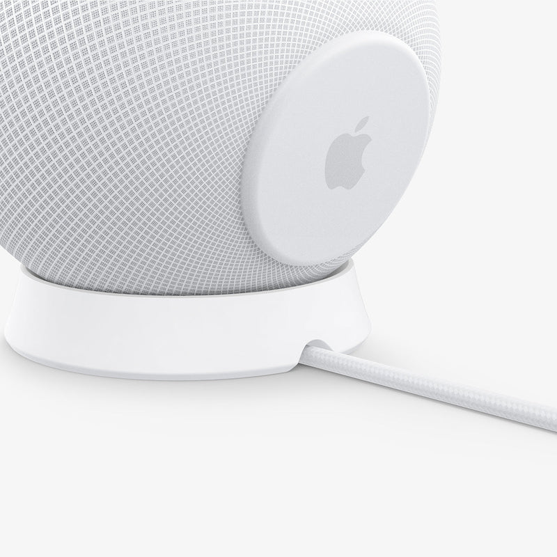 AMP02816 - Apple HomePod Mini Stand Silicone Fit in white showing the back and side with homepod on top