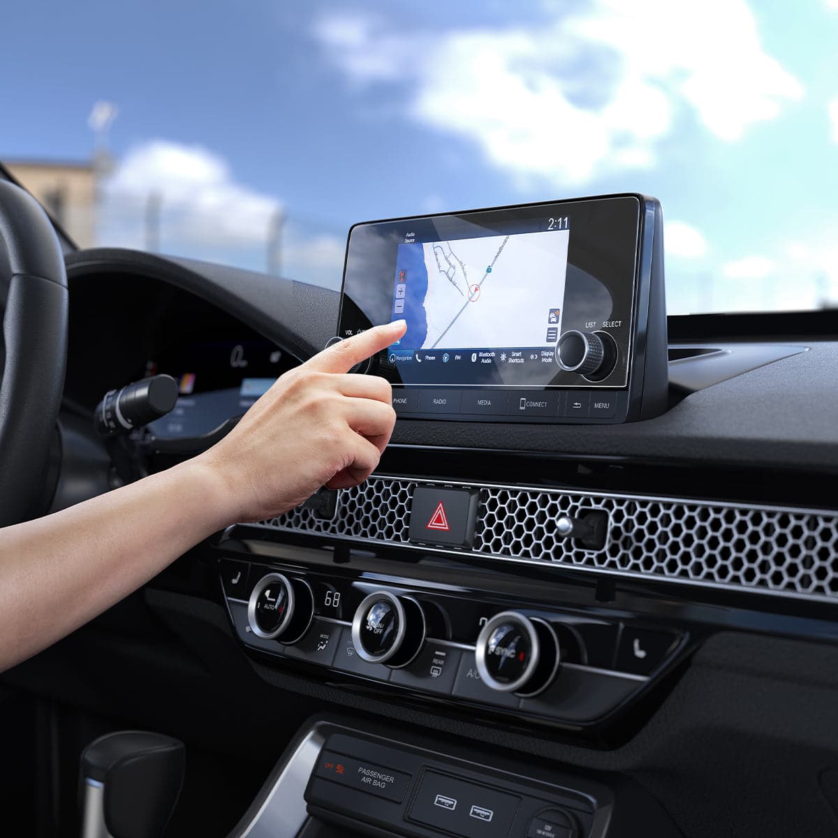 AGL05414 - Honda Civic 7" Screen Protector GLAS.tR Slim Anti-Glare showing a hand reaching towards the display inside of car