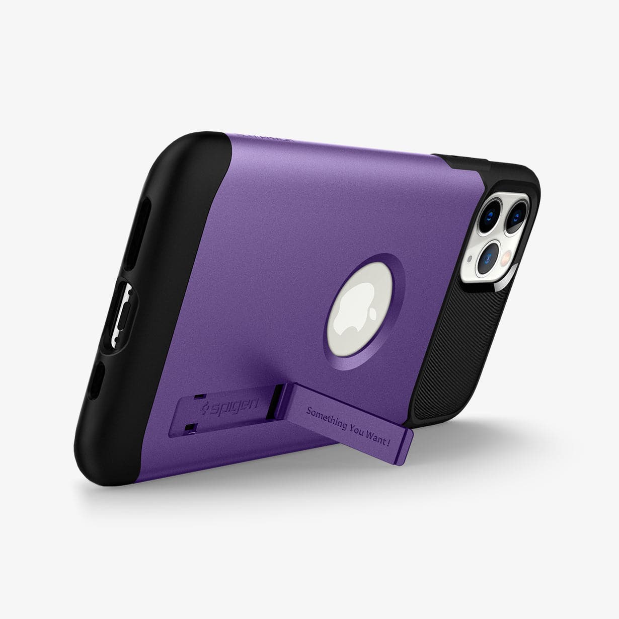 077CS27110 - iPhone 11 Pro Case Slim Armor in purple showing the device propped up horizontally by built in kickstand
