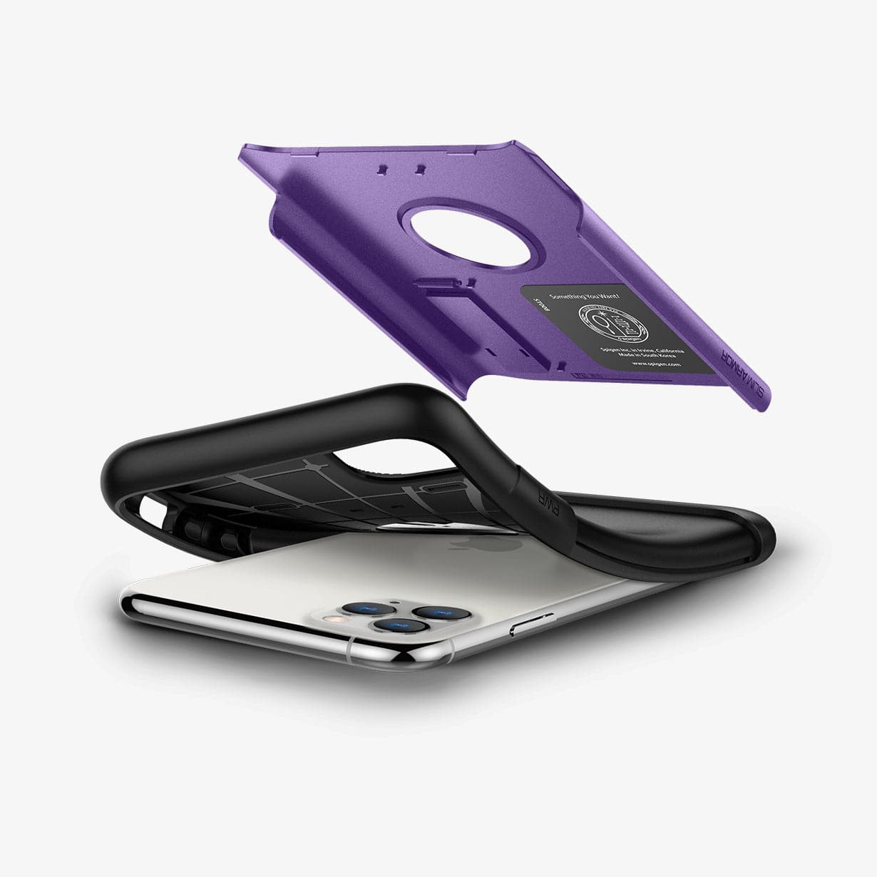 077CS27110 - iPhone 11 Pro Case Slim Armor in purple showing the hard pc hovering above and the soft tpu bending