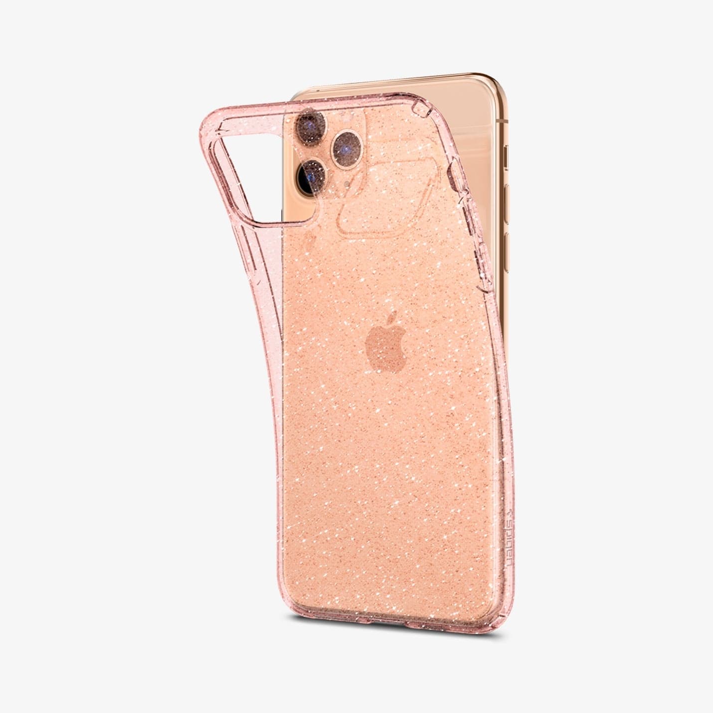 077CS27230 - iPhone 11 Pro Case Liquid Crystal Glitter in rose quartz showing the back with case bending away from device