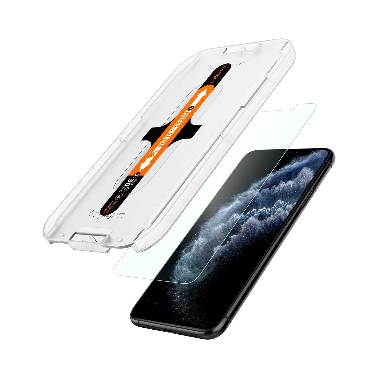 063GL25358 - iPhone XS / X Screen Protector GLAS.tR EZ Fit showing the ez fit tray and screen protector hovering in front of device