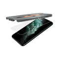 063GL25358 - iPhone XS / X Screen Protector GLAS.tR EZ Fit showing the ez fit tray and screen protector being installed onto the device