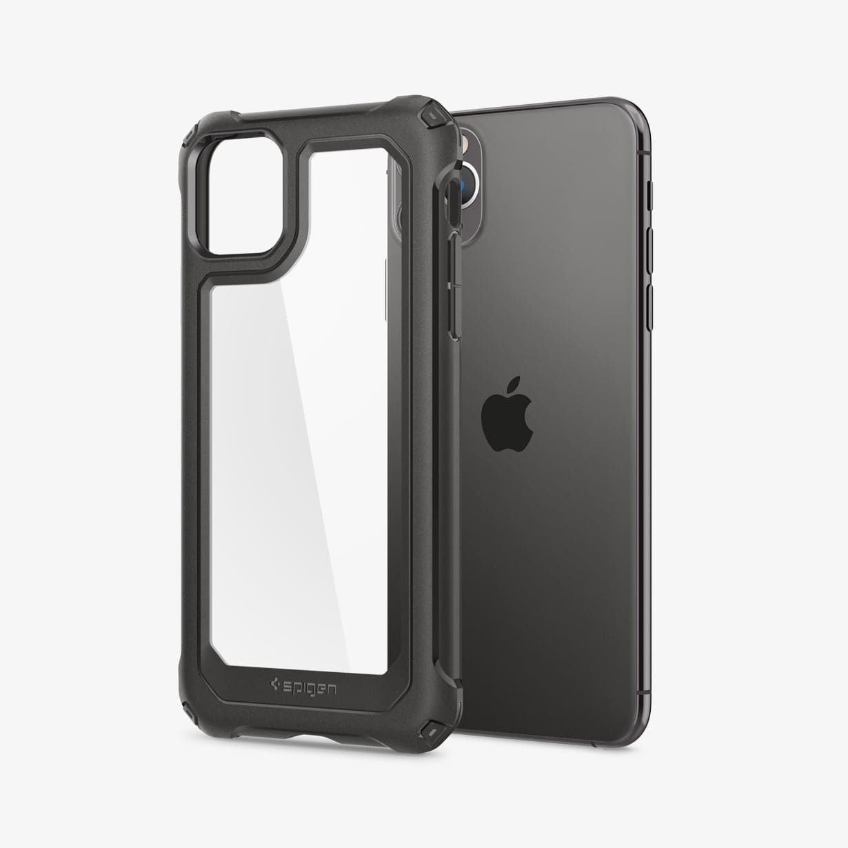 075CS27052 - iPhone 11 Pro Max Case Gauntlet in gunmetal showing the back of device with case hovering away