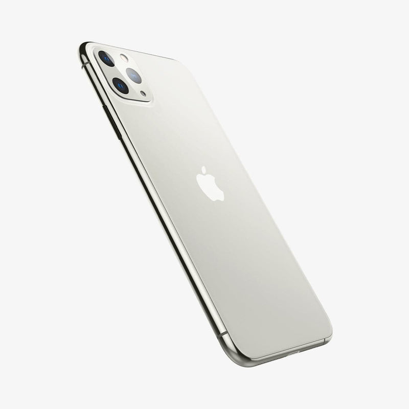 AGL00502 - iPhone 11 Pro / Pro Max Full Cover Lens Protector in silver showing the front and side installed on device