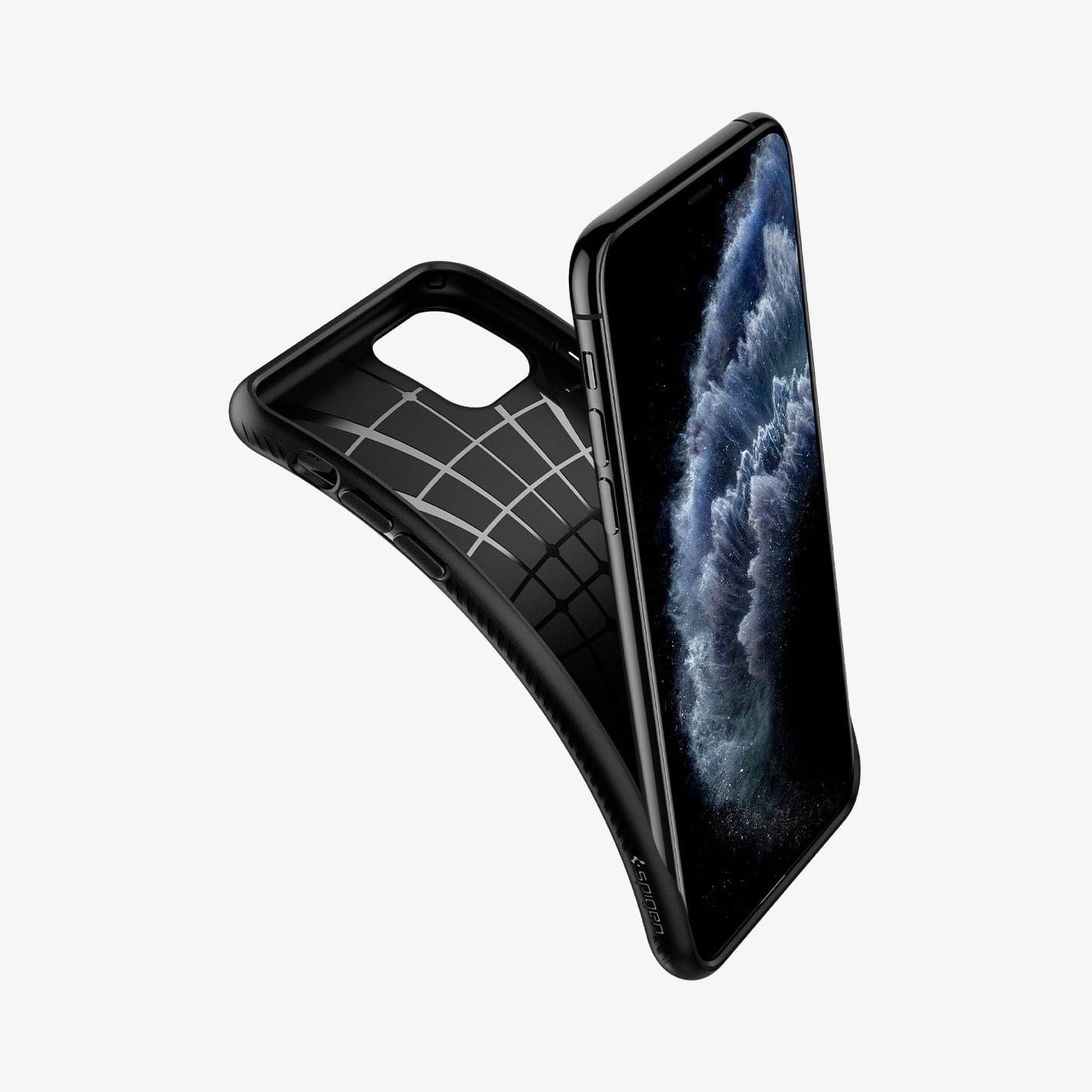 075CS27134 - iPhone 11 Pro Max Case Liquid Air in matte black showing the case bending away from device to show the flexibility