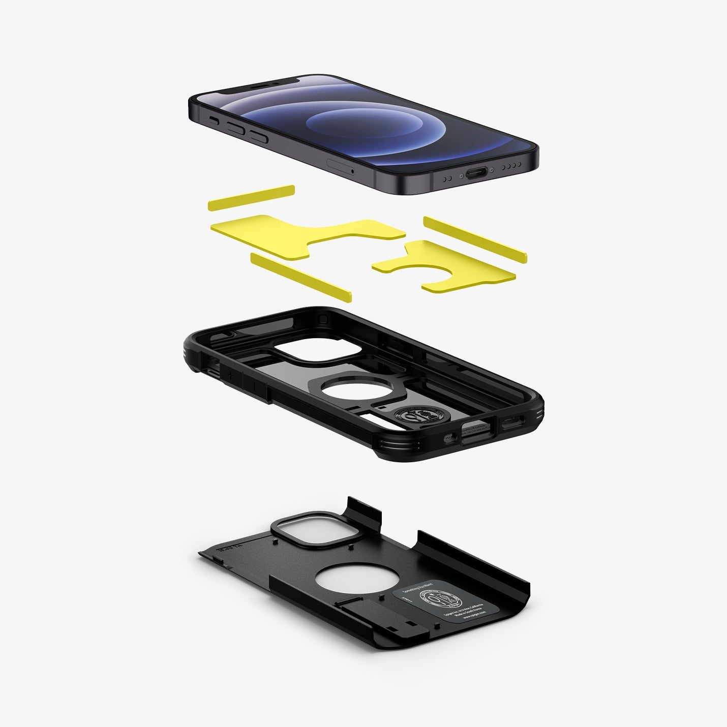 ACS01753 - iPhone 12 Mini Case Tough Armor in black showing the hard pc, soft tpu, impact foam and device