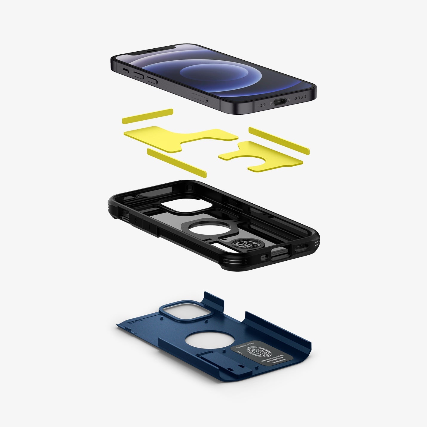 ACS02301 - iPhone 12 Mini Case Tough Armor in navy blue showing the hard pc, soft tpu, impact foam and device