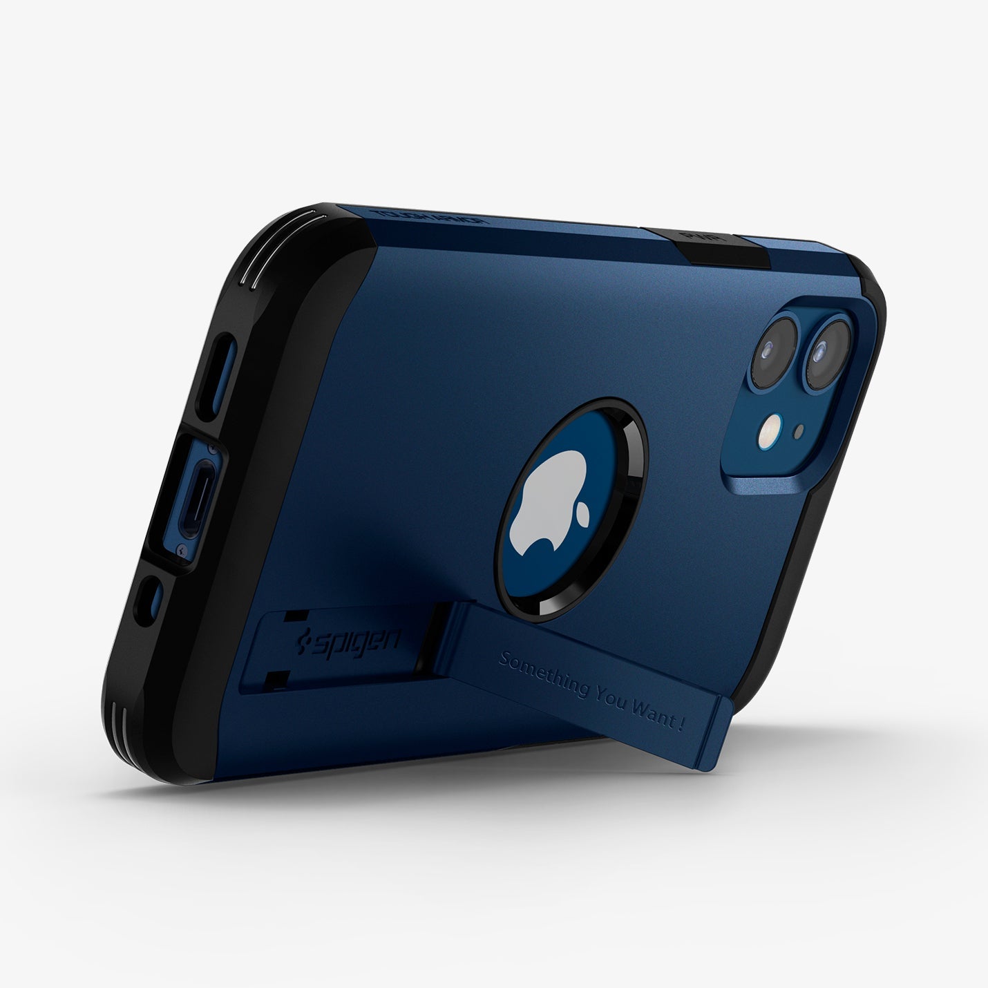 ACS02301 - iPhone 12 Mini Case Tough Armor in navy blue showing the back and bottom with device propped up by built in kickstand