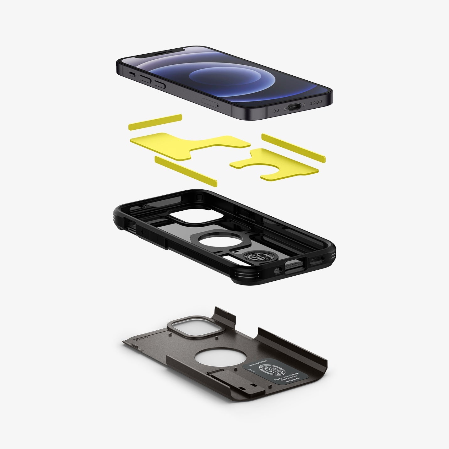 ACS01752 - iPhone 12 Mini Case Tough Armor in gunmetal showing the hard pc, soft tpu, impact foam and device