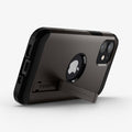 ACS01752 - iPhone 12 Mini Case Tough Armor in gunmetal showing the back and bottom with device propped up by built in kickstand