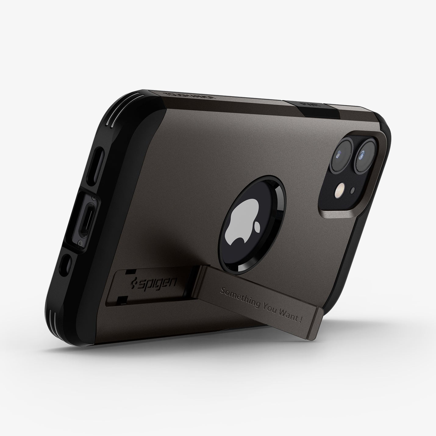 ACS01752 - iPhone 12 Mini Case Tough Armor in gunmetal showing the back and bottom with device propped up by built in kickstand