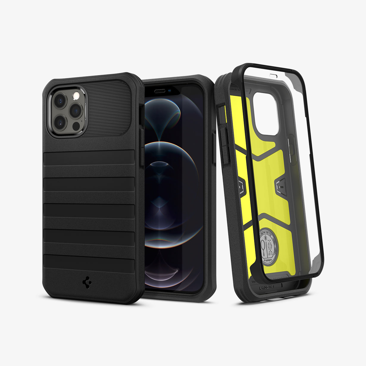 ACS02951 - iPhone 12 / iPhone 12 Pro Case Geo Armor 360 in black showing the back, front and inside