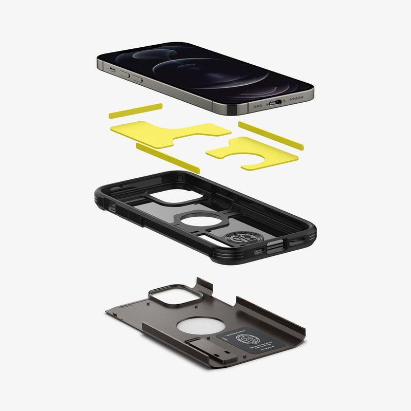ACS01709 - iPhone 12 / iPhone 12 Pro Case Tough Armor in gunmetal showing the hard pc, soft tpu, impact foam and device