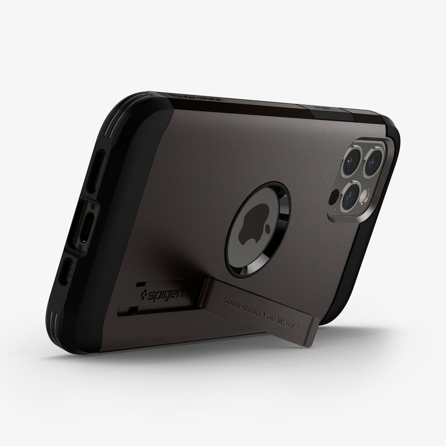 ACS01709 - iPhone 12 / iPhone 12 Pro Case Tough Armor in gunmetal showing the back and bottom with device propped up by built in kickstand