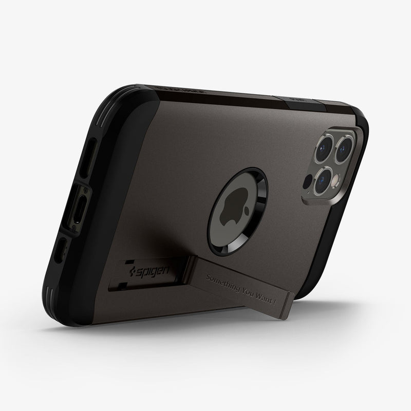 ACS01709 - iPhone 12 / iPhone 12 Pro Case Tough Armor in gunmetal showing the back and bottom with device propped up by built in kickstand