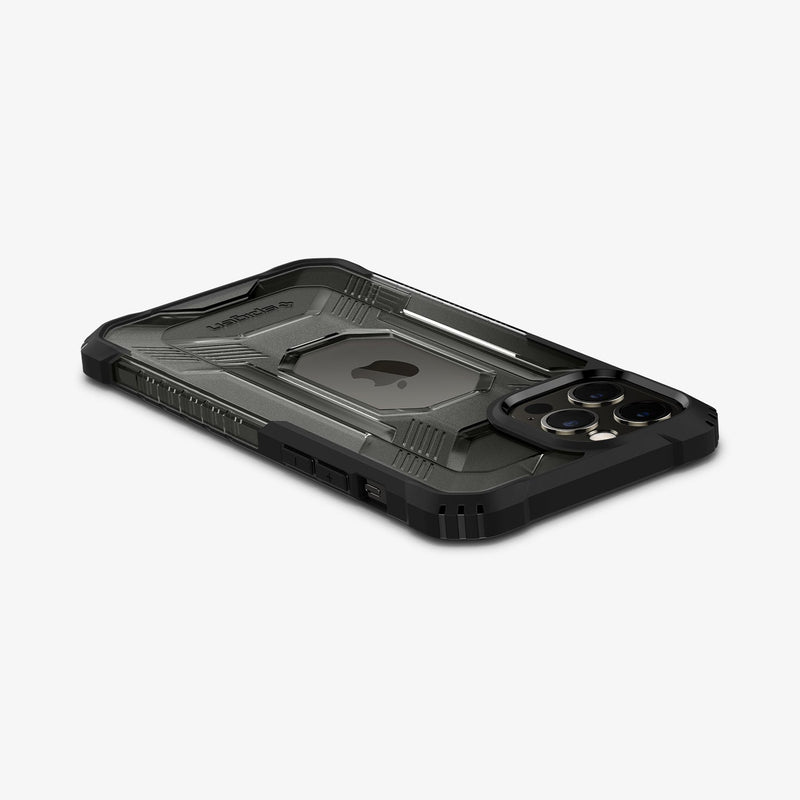 ACS02636 - iPhone 12 Pro Max Case Nitro Force in matte black showing the back, top and side with device laying flat