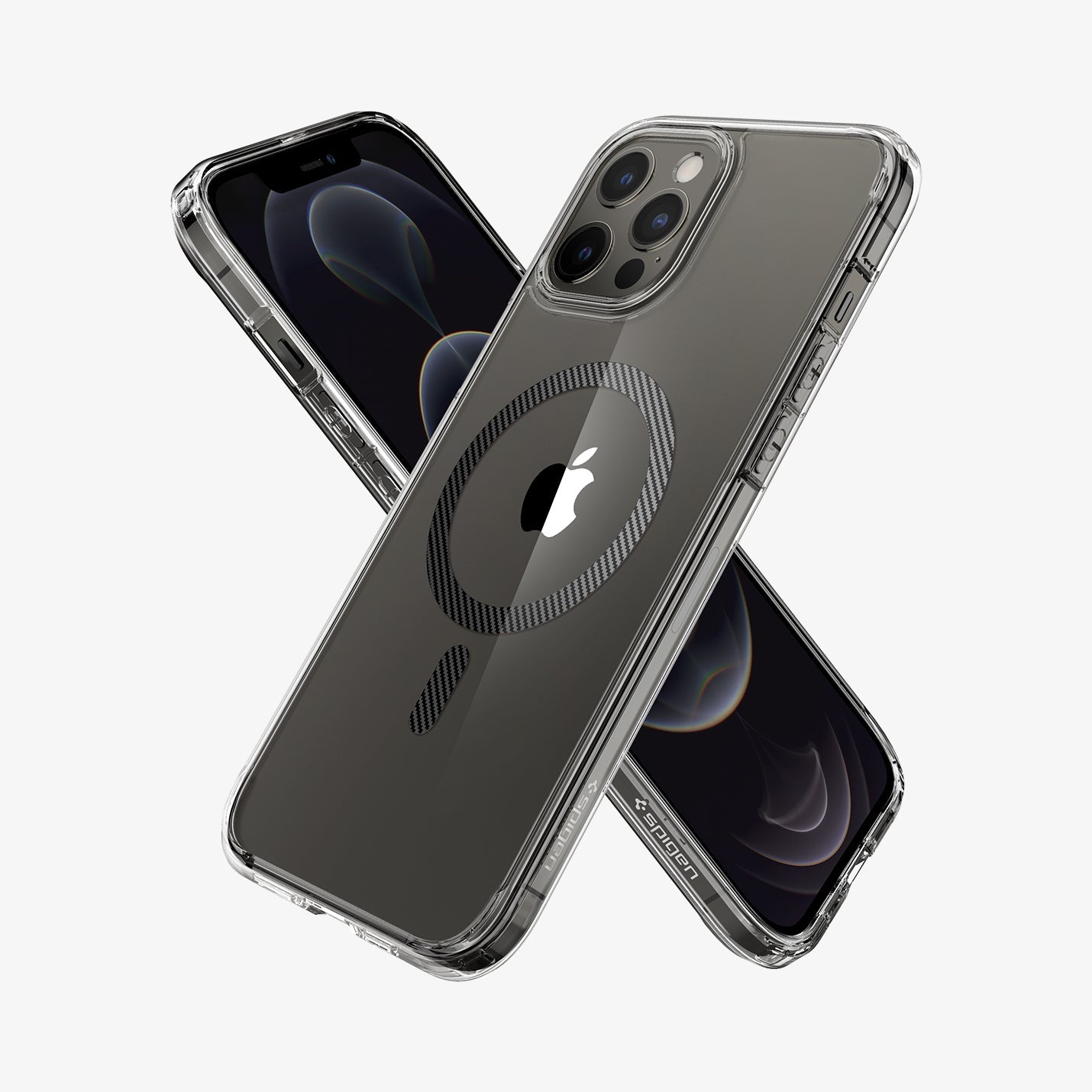 ACS04082 - iPhone 12 Pro Max Case Ultra Hybrid Mag (MagFit) in carbon fiber showing the back, front and sides