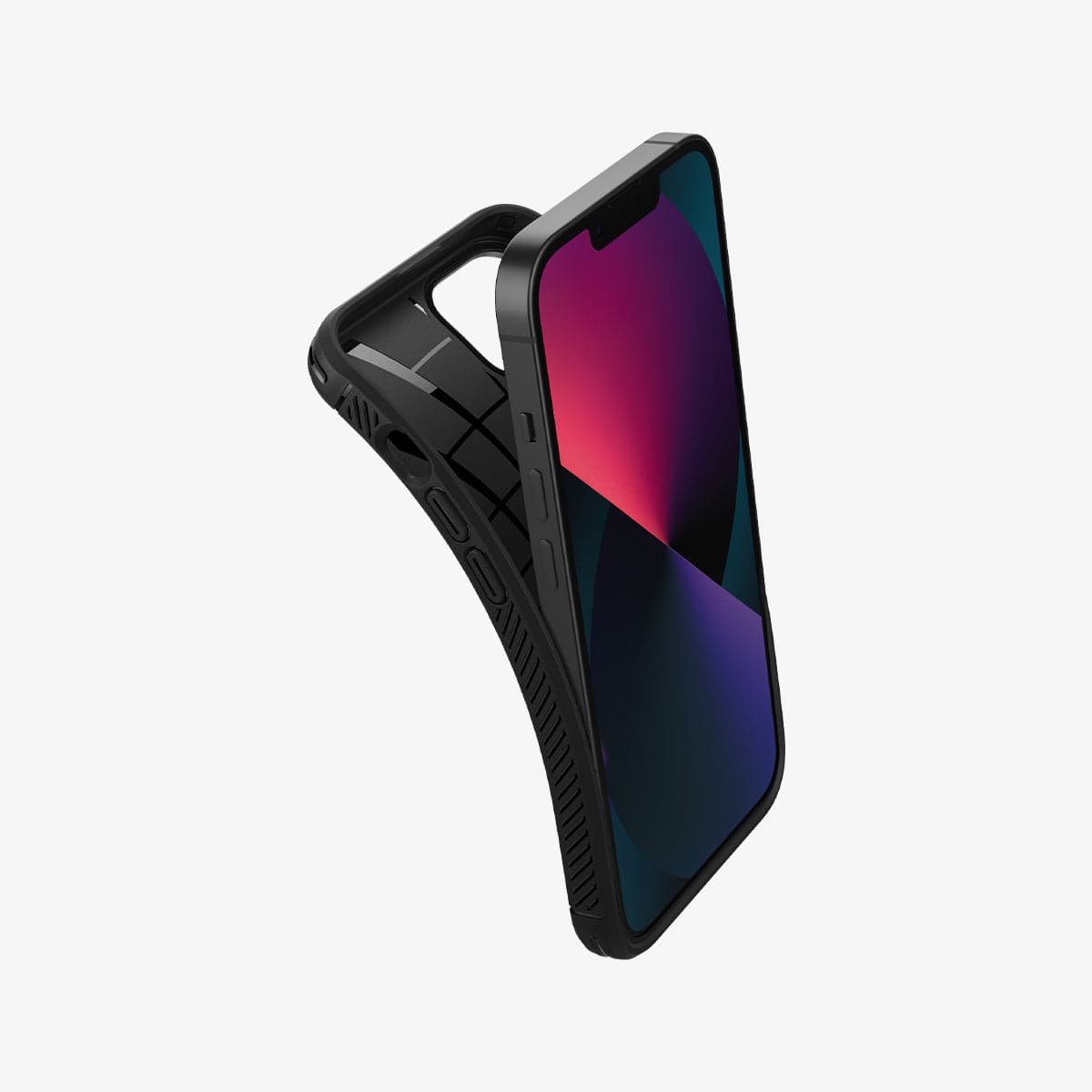 ACS03314 - iPhone 13 Mini Case Rugged Armor in matte black showing the back bending away from device to show the flexibility