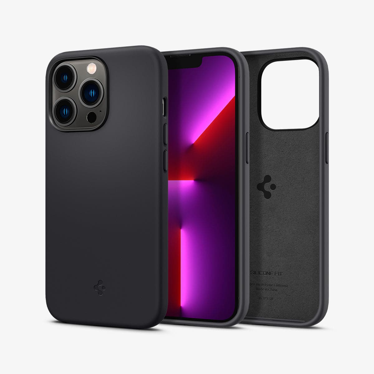 ACS03283 - iPhone 13 Pro Case Silicone Fit in black showing the back, front and inside