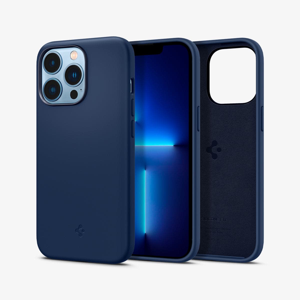 ACS03285 - iPhone 13 Pro Case Silicone Fit in navy blue showing the back, front and inside