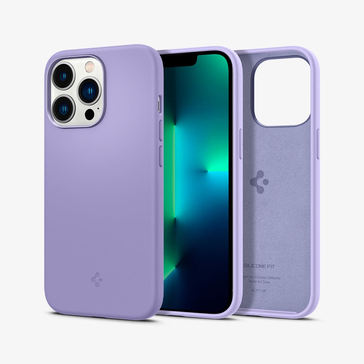 ACS03286 - iPhone 13 Pro Case Silicone Fit in iris purple showing the back, front and inside
