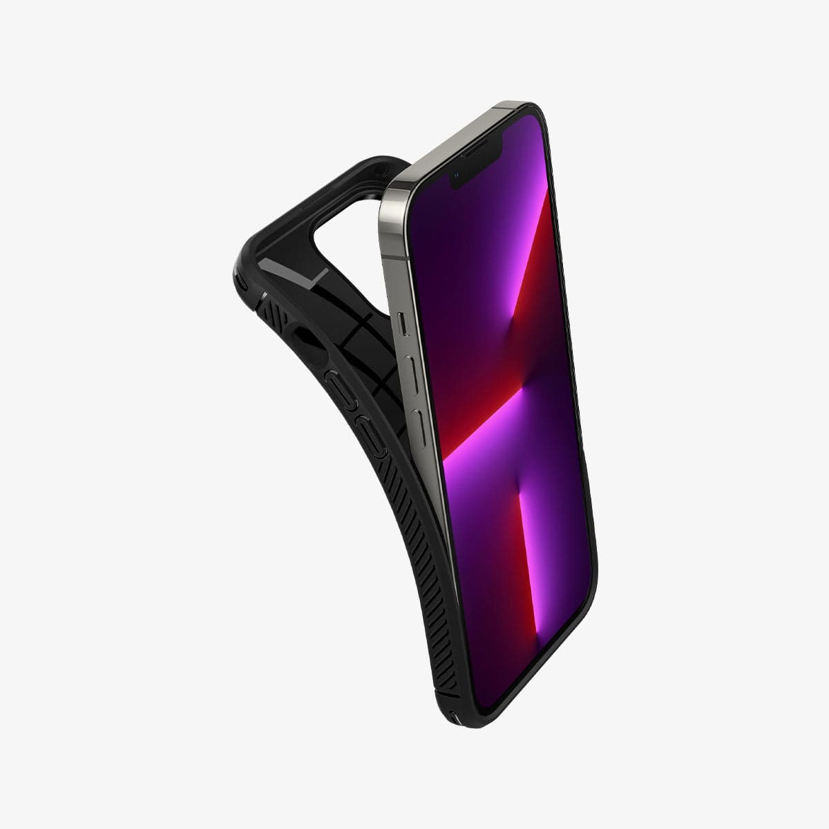 ACS03257 - iPhone 13 Pro Case Rugged Armor in black showing the back bending away from device to show the flexibility