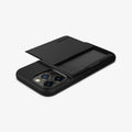 ACS03274 - iPhone 13 Pro Case Slim Armor CS in black showing the back, side and top with card slot open