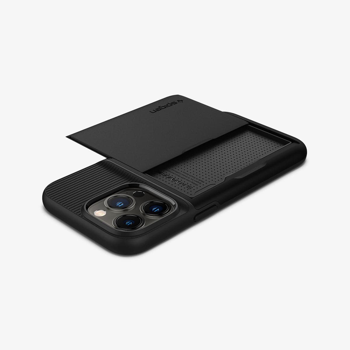 ACS03274 - iPhone 13 Pro Case Slim Armor CS in black showing the back, side and top with card slot open