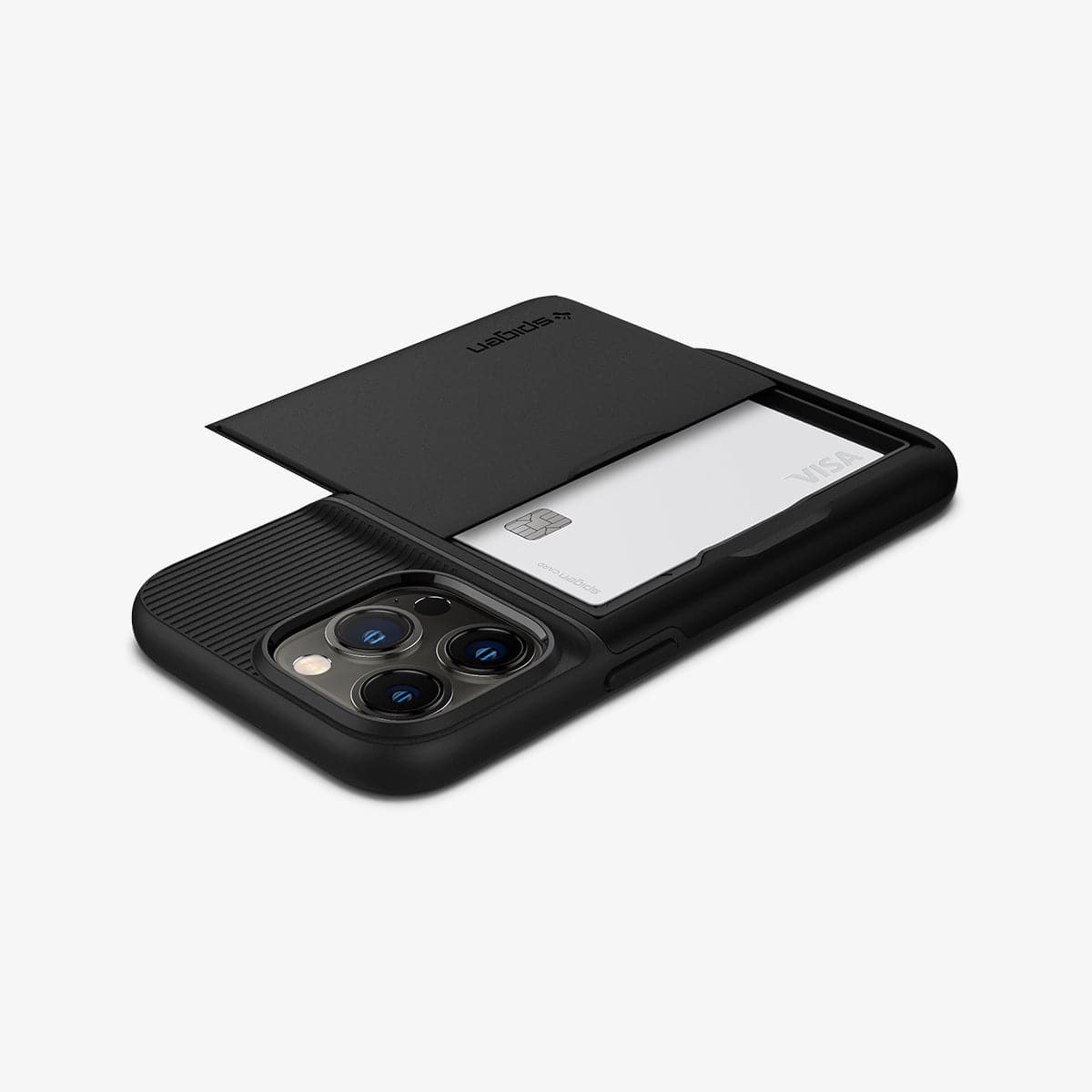 ACS03274 - iPhone 13 Pro Case Slim Armor CS in black showing the back, side and top with card in slot