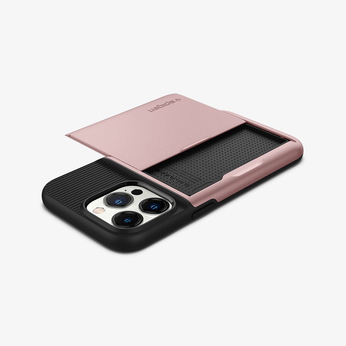 ACS03275 - iPhone 13 Pro Case Slim Armor CS in rose gold showing the back, side and top with card slot open